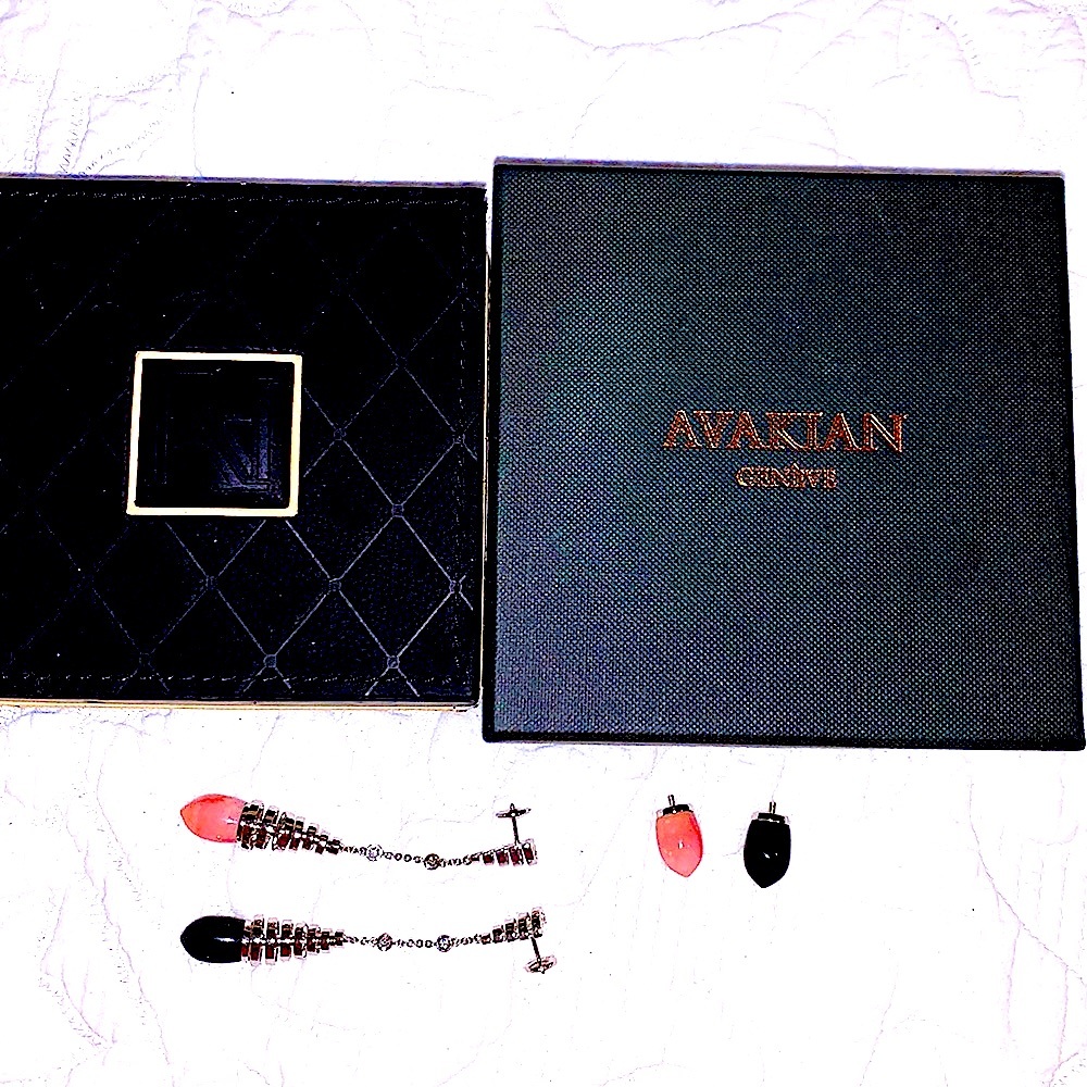 Xtra pics 18K Avakian Pink Opal & Onyx Earrings